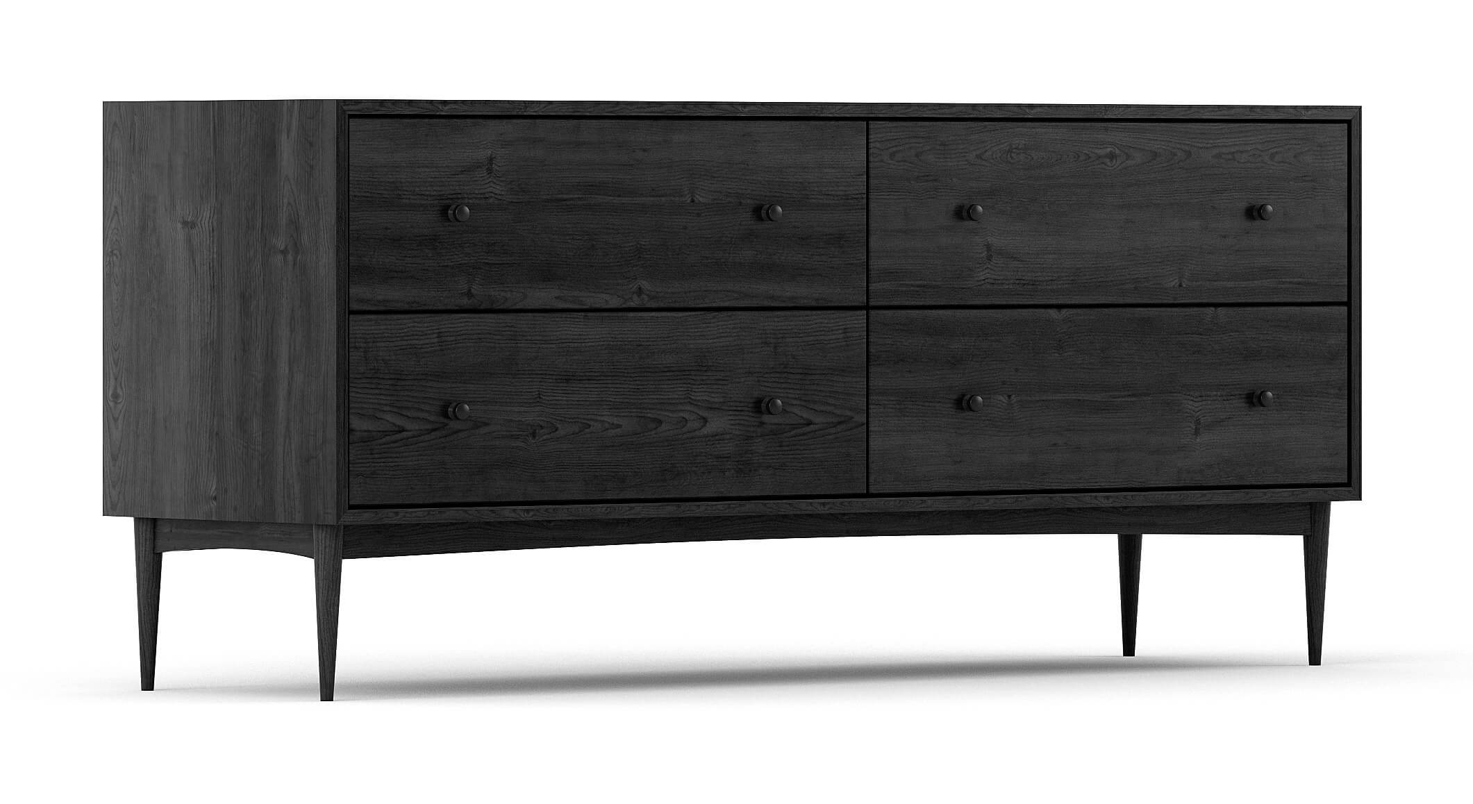 Atten 4-Drawer Wide Dresser shown in Black Oak with Black Knobs