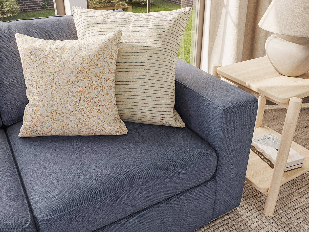 IRL: Rio Plush Sofa shown in Alpine French Blue fabric