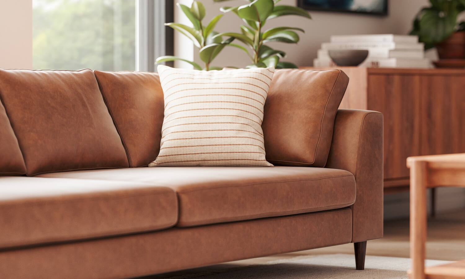 IRL: Shown in Milo Taupe Leather with Iris Rectangular Coffee Table in Walnut