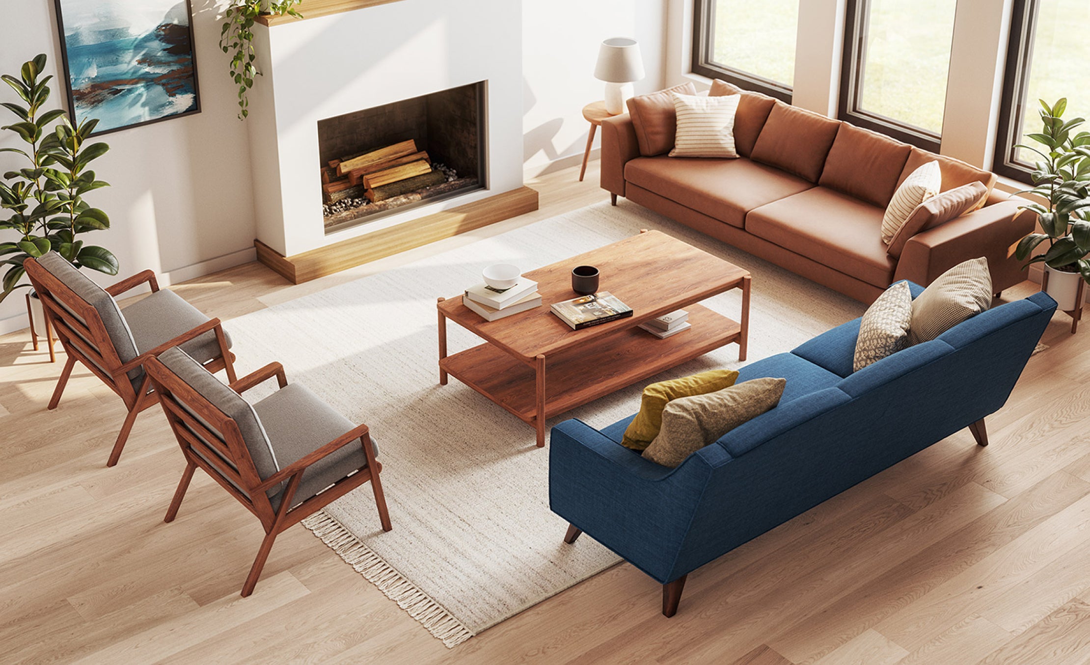 IRL: Iris Rectangular Coffee Table in Walnut wood, Dekayess Sofa in Sundance Marigold leather, Ridge Chairs in Melton Feather fabric, and Zavis Sofa in Melton Raven fabric