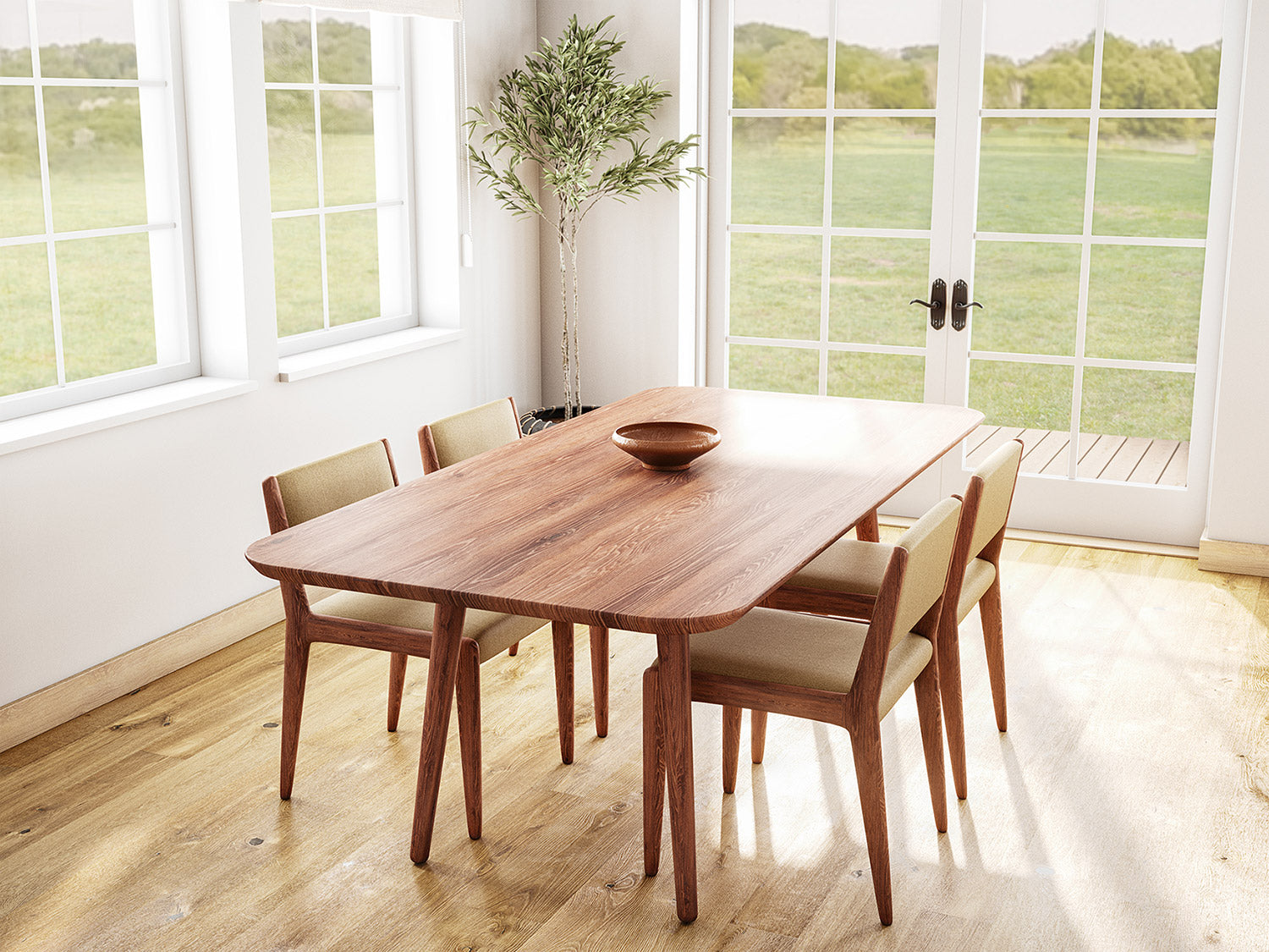 IRL: Low back version in walnut wood with the Voya Rectangular Dining Table in walnut wood