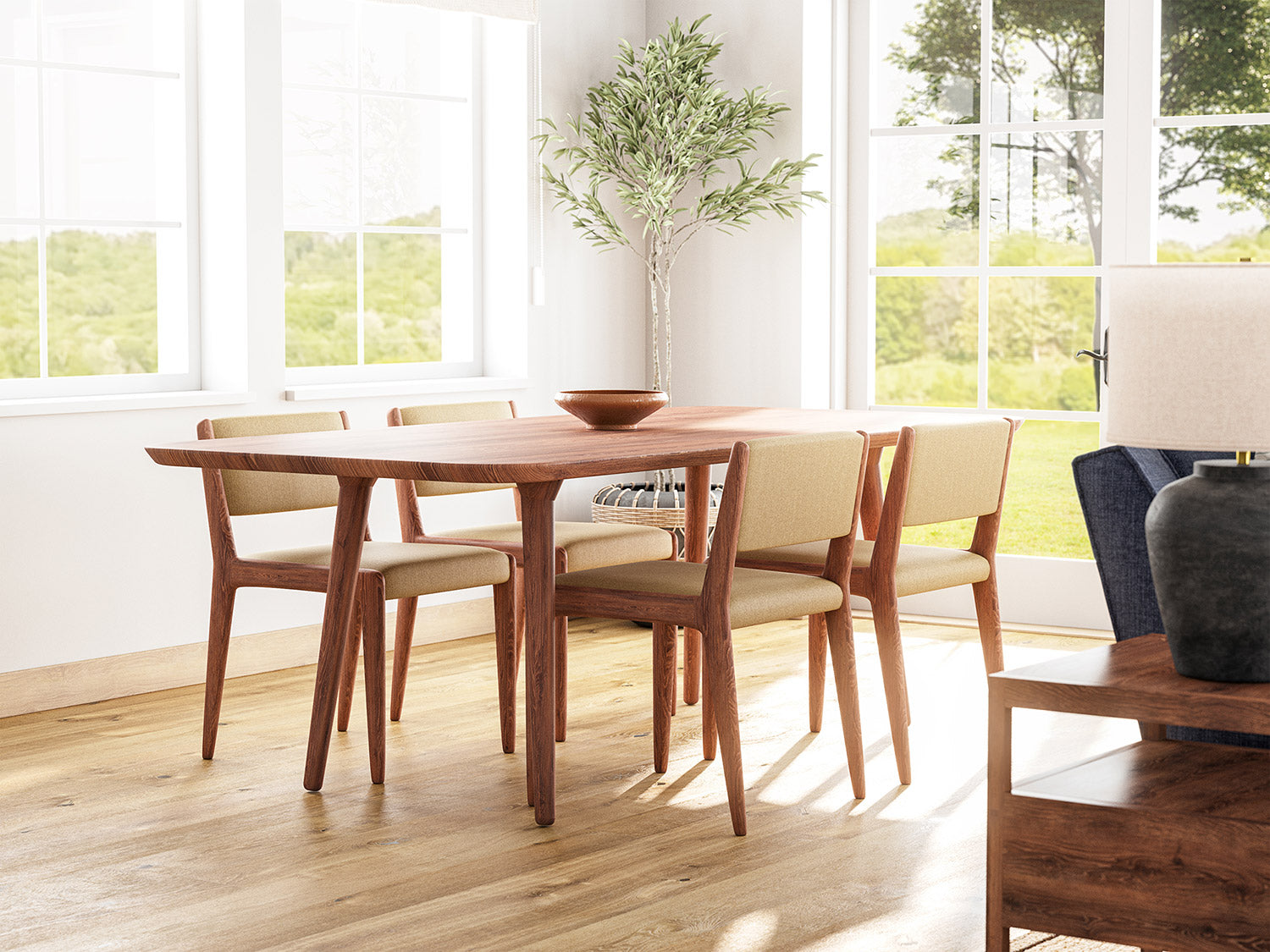 IRL: Low back version in walnut wood with the Voya Rectangular Dining Table in walnut wood
