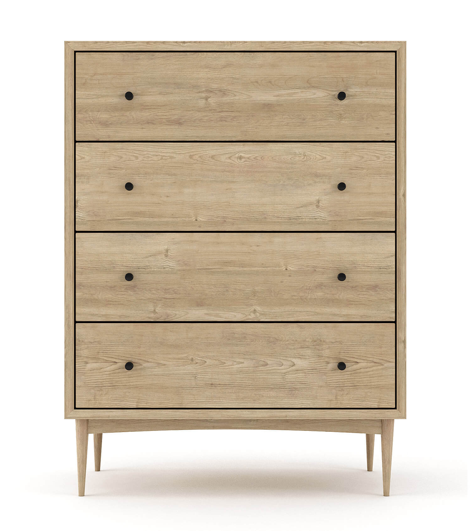 Shown in White Oak with black knobs