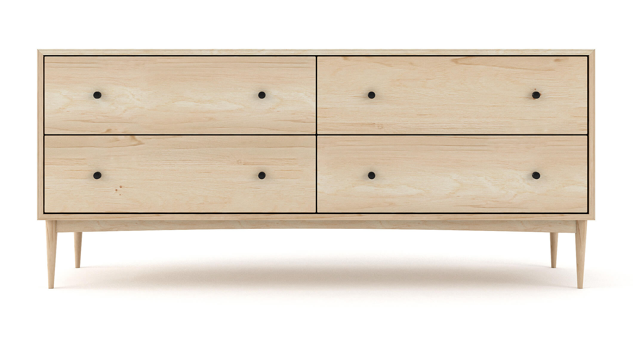 Atten 4-Drawer Wide Dresser shown in Maple with Black Knobs