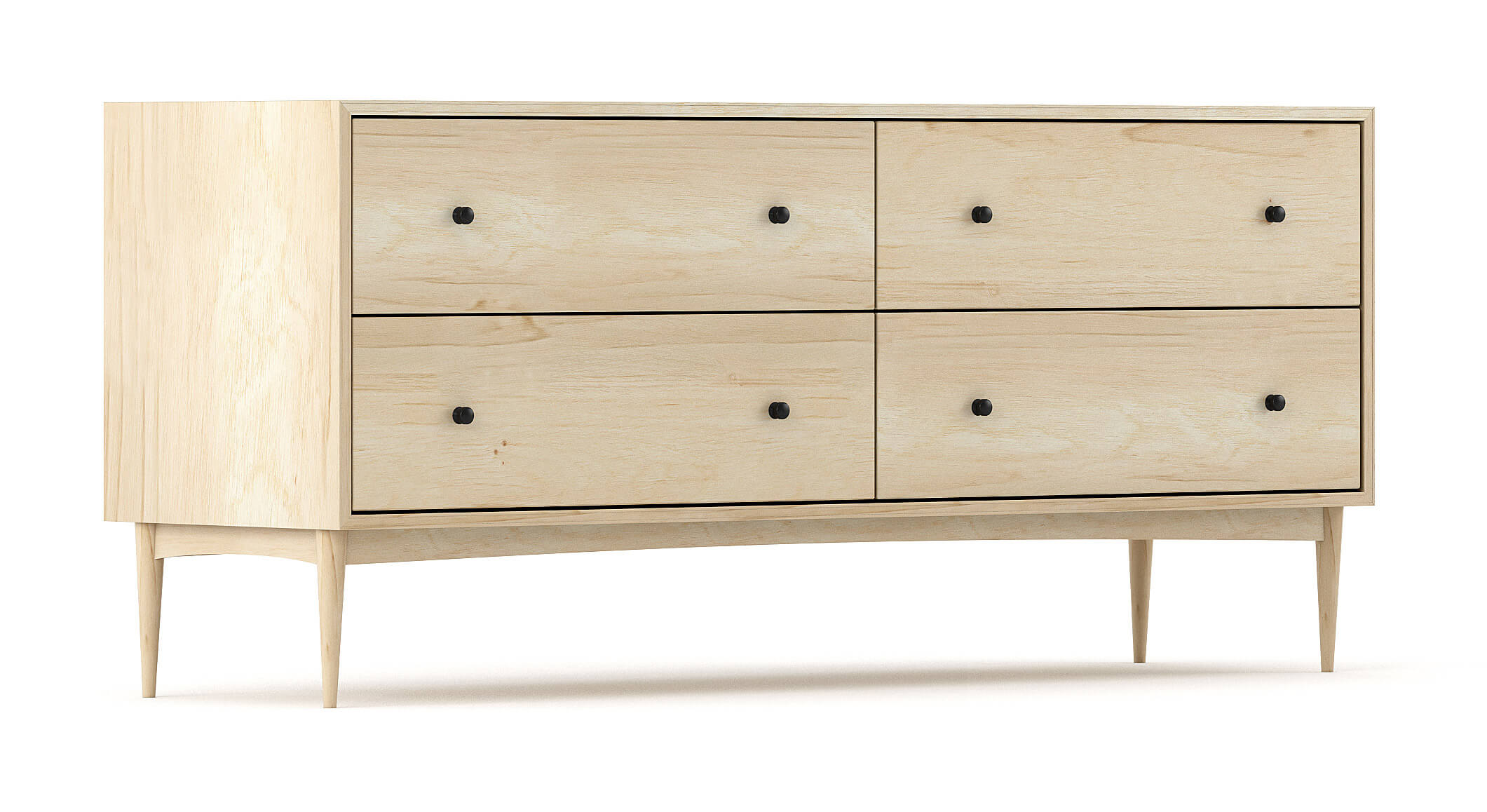 Atten 4-Drawer Wide Dresser shown in Maple with Black Knobs