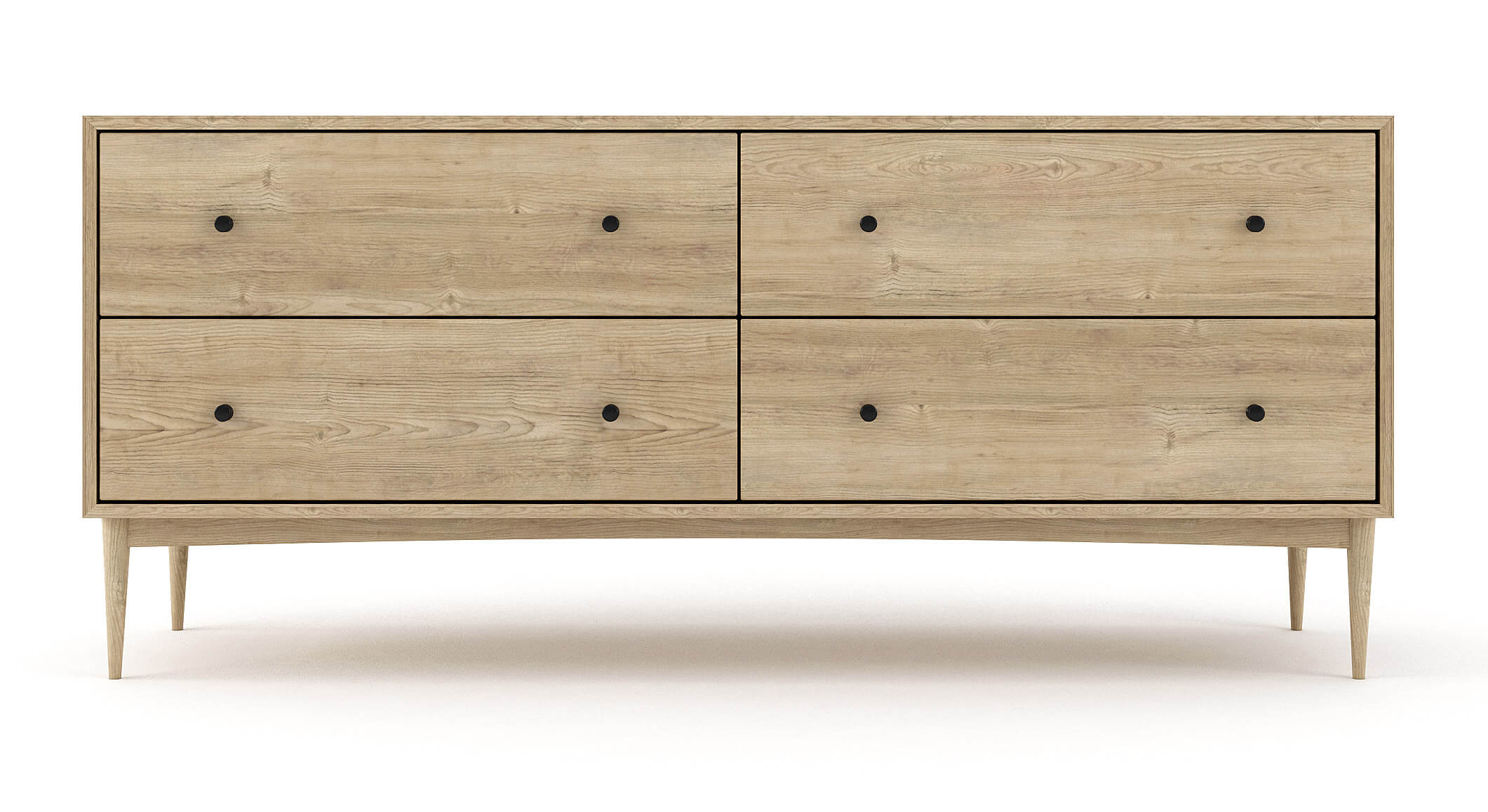 Atten 4-Drawer Wide Dresser shown in White Oak with Black Knobs