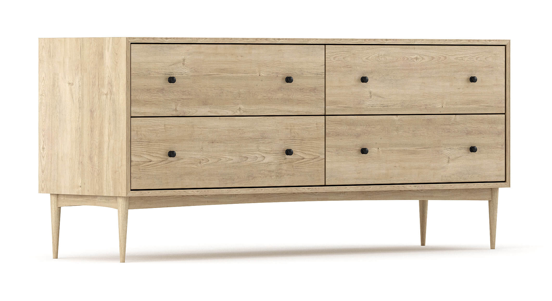 Atten 4-Drawer Wide Dresser shown in White Oak with Black Knobs