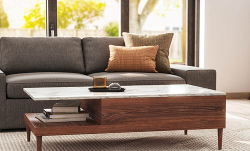  IRL: Shown in Mahonia Pewter fabric, Voya Side Table, Sino Coffee Table, Emilia 4-Door Credenza, Lulu & Judge Throw Pillows