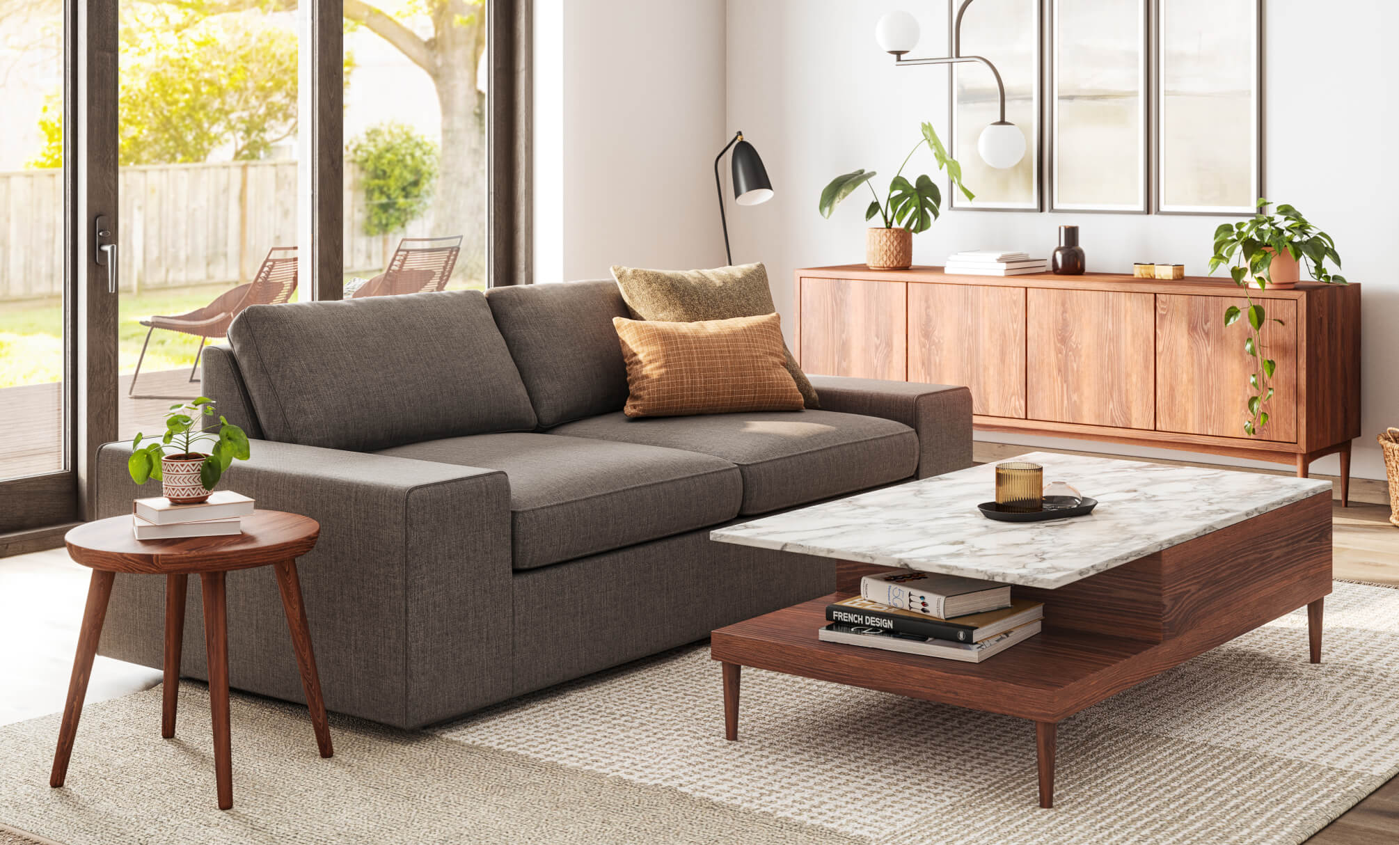 Sino Coffee Table in Walnut with Blumen Sofa, Iris Coffee Table, Emilia Credenza