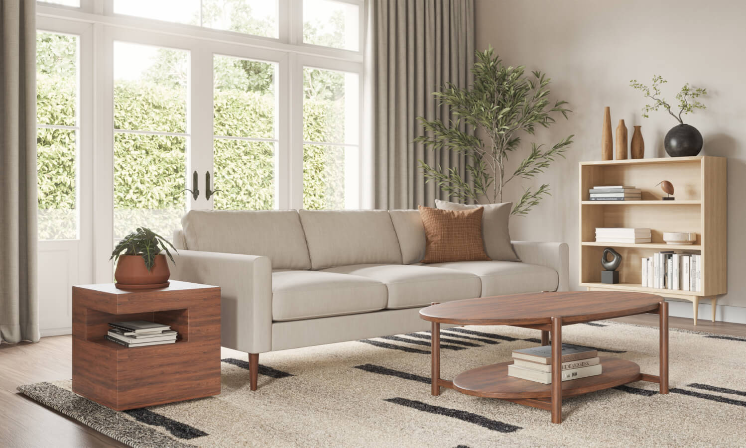 IRL: Lala sofa in beige fabric with orange pillow