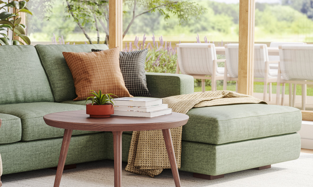 IRL: Shown in Juneberry Tarragon fabric with the Voya Coffee Table in walnut wood 