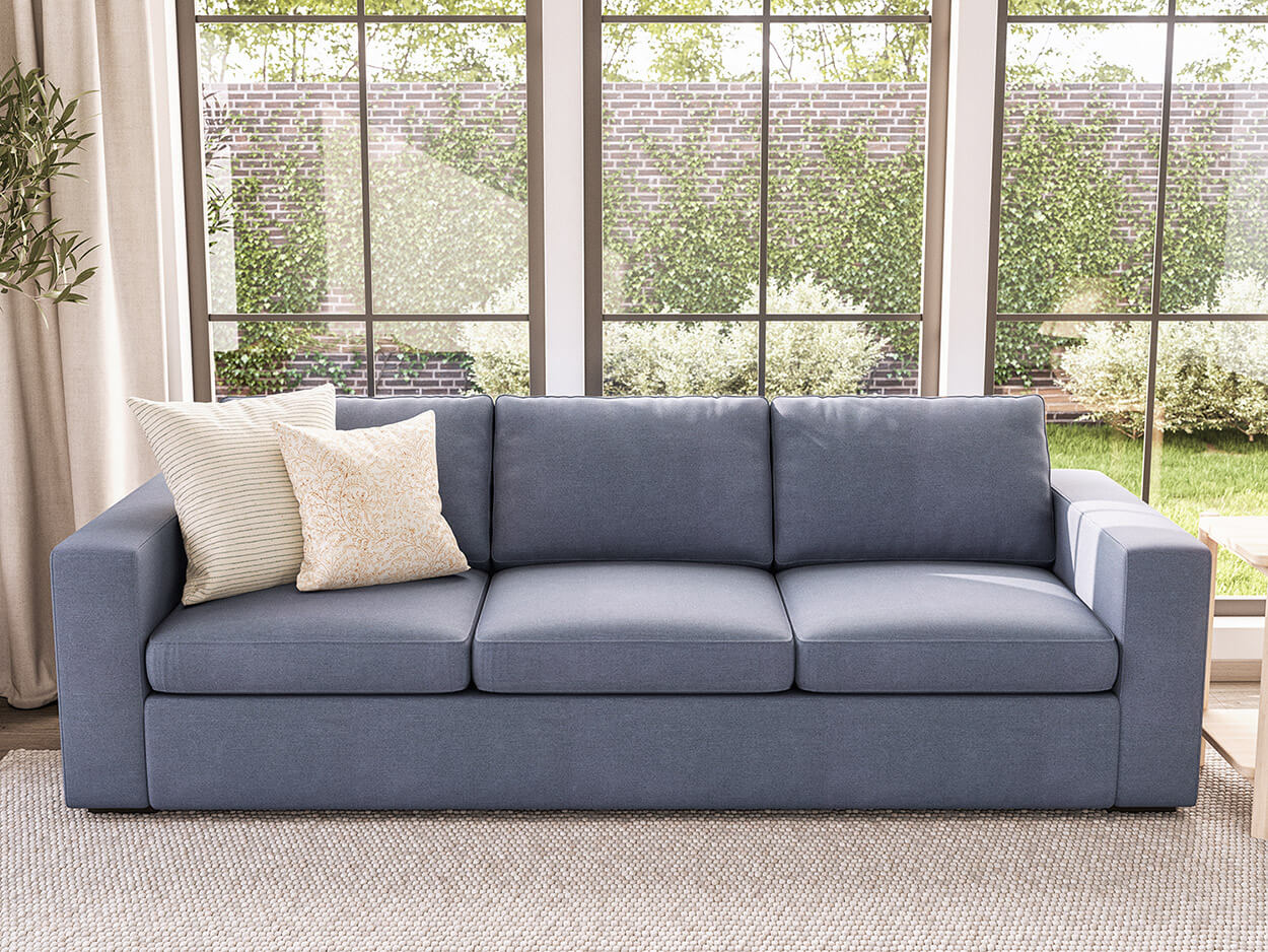 IRL: Rio Plush Sofa shown in Alpine French Blue fabric