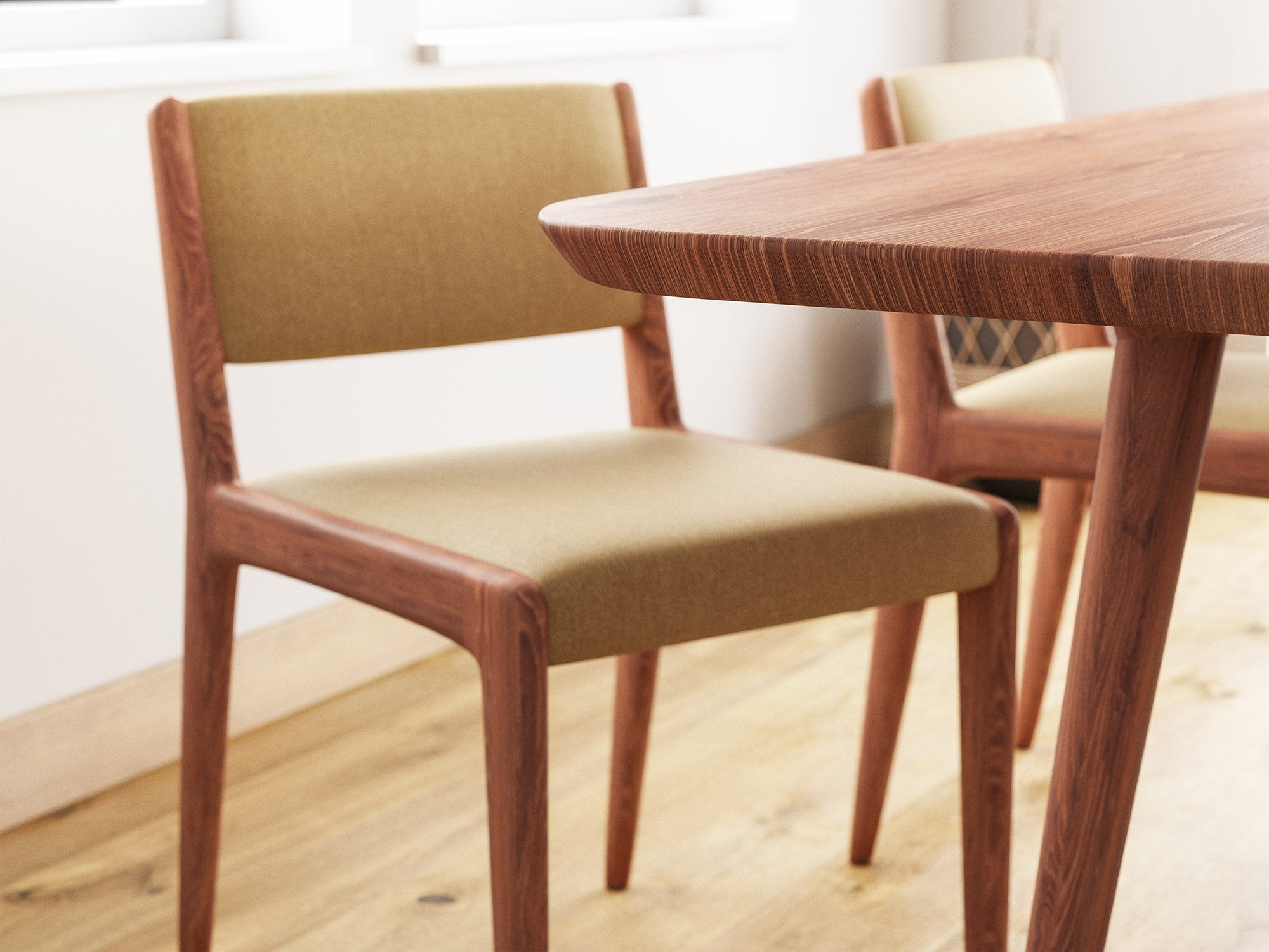 IRL: Low back version in walnut wood with the Voya Rectangular Dining Table in walnut wood